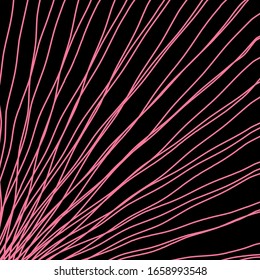 Rays of pink light with intersecting waves on black. 