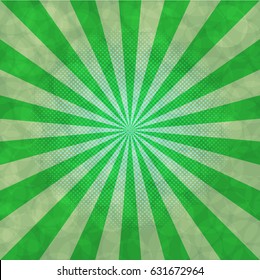 rays poster, abstract texture with sunburst, flare, beam. Vector green background.