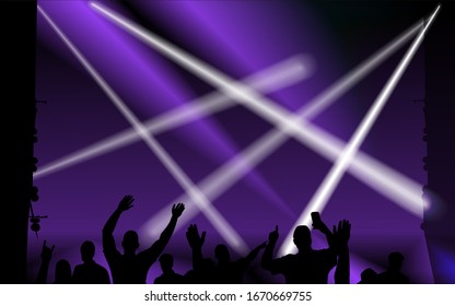 The rays of the spotlights illuminate the dark scene.
   Vector illustration. Dark background with spotlights and silhouettes of fans.