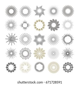 Rays and starburst design elements. Collection of sunburst vintage style elements and icons for label and stickers. Hand drawn sunshine shapes