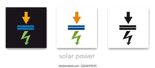 Rays of the sun hitting a solar panel that produces electricity. Solar power. Vector logo green energy