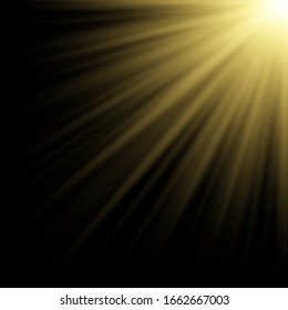 The rays of the sun or light, on black background. Golden light from a searchlight, lighting a scene. EPS 10