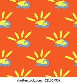 The rays of the sun and the wave. Repeated sketch. Seamless pattern painted with a brush. Yellow, blue, orange. Vector illustration.