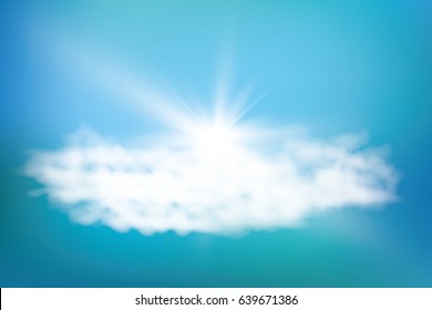 Rays of sunlight breaking through the clouds. Sky abstract vector background with white clouds and sun


