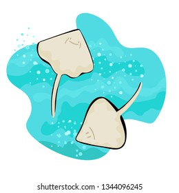 Rays swim in the water through the waves, around the bubbles. Illustration of animals, tropical sea, kids design. Cute smiles.