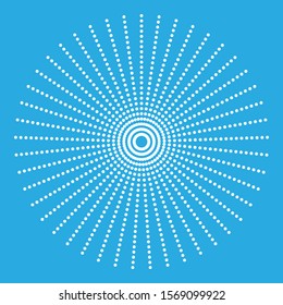 Rays of white dots on a blue background. Circles. Vector illustration.
