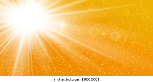 Rays yellow background. Gold sunny sky. Heat sunburs, hot weather. Sunshine orange sky. White warm sunlight. Bright golden solar sunrise, summer template. Lens optic effect Vector illustration