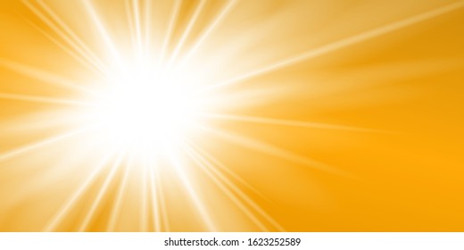 Rays yellow background. Gold sunny sky. Heat sunburs, hot weather. Sunshine orange sky. White warm sunlight. Bright golden solar sunrise, summer template. Lens optic effect Vector illustration