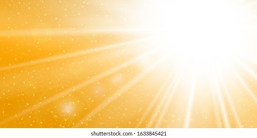 Rays yellow background. Gold sunny sky. Heat sunburs, hot weather. Sunshine orange sky. White warm sunlight. Bright golden solar sunrise, summer template. Lens optic effect Vector illustration