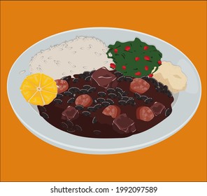 razilian meal called feijoada with rice, beans, sausage, pork, farofa and orange