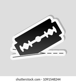 razor blade and cutting line. simple icon. Sticker style with white border and simple shadow on gray background