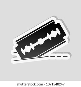 razor blade and cutting line. simple icon. Sticker style with white border and simple shadow on gray background