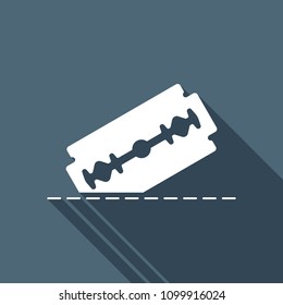 razor blade and cutting line. simple single icon. White flat icon with long shadow on background