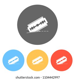 razor blade and cutting line. simple icon. Set of white icons on colored circles