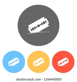 razor blade and cutting line. simple icon. Set of white icons on colored circles