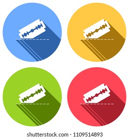 razor blade and cutting line. simple single icon. Set of white icons with long shadow on blue, orange, green and red colored circles. Sticker style