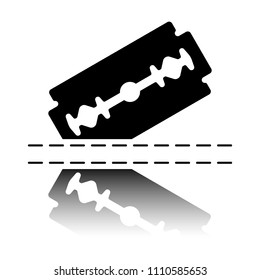 razor blade and cutting line. simple single icon. Black icon with mirror reflection on white background