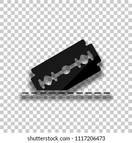 razor blade and cutting line. simple single icon. Black glass icon with soft shadow on transparent background