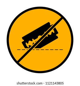 razor blade and cutting line. simple single icon. not allowed, black object in warning sign with orange background color