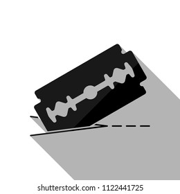 razor blade and cutting line. simple icon. Black object with long shadow on white background