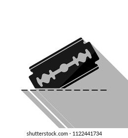razor blade and cutting line. simple icon. Black object with long shadow on white background