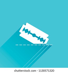 razor blade and cutting line. simple single icon. Gray icon with long shadow in bottom left corner on blue background