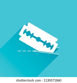 razor blade and cutting line. simple icon. Gray icon with long shadow in bottom left corner on blue background