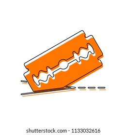 razor blade and cutting line. simple icon. Isolated icon consisting of black thin contour and orange moved filling on different layers. White background