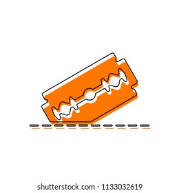 razor blade and cutting line. simple single icon. Isolated icon consisting of black thin contour and orange moved filling on different layers. White background