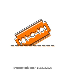 razor blade and cutting line. simple icon. Isolated icon consisting of black thin contour and orange moved filling on different layers. White background