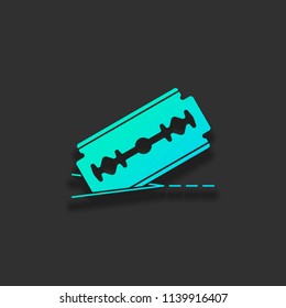 razor blade and cutting line. simple icon. Colorful logo concept with soft shadow on dark background. Icon color of azure ocean