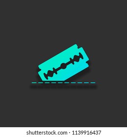 razor blade and cutting line. simple single icon. Colorful logo concept with soft shadow on dark background. Icon color of azure ocean