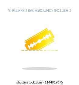 razor blade and cutting line. simple icon. Colorful logo concept with simple shadow on white. 10 different blurred backgrounds included
