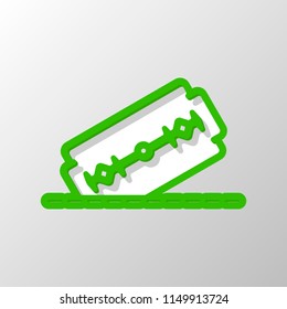 razor blade and cutting line. simple single icon. Paper style. Cut symbol with green bold contour on shape and simple shadow