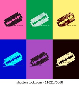 razor blade and cutting line. simple icon. Pop art style. Scratched icons on 6 colour backgrounds.