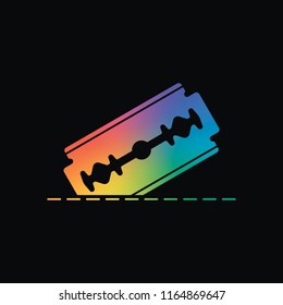 razor blade and cutting line. simple icon. Rainbow color and dark background