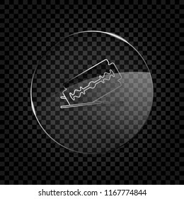 razor blade and cutting line. simple icon. Icon in circle glass bubble on dark transparent grid. Glass style