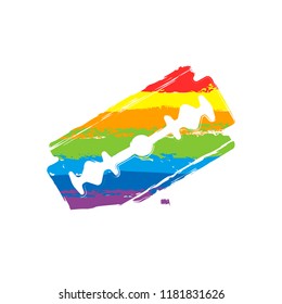 razor blade and cutting line. simple icon. Drawing sign with LGBT style, seven colors of rainbow (red, orange, yellow, green, blue, indigo, violet