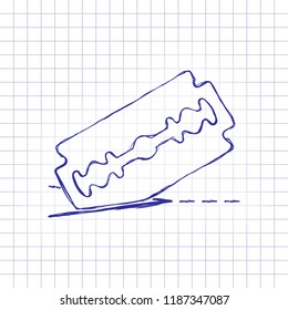 razor blade and cutting line. simple icon. Hand drawn picture on paper sheet. Blue ink, outline sketch style. Doodle on checkered background