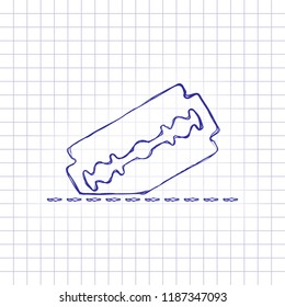 razor blade and cutting line. simple single icon. Hand drawn picture on paper sheet. Blue ink, outline sketch style. Doodle on checkered background