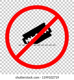 razor blade and cutting line. simple single icon. Not allowed, black object in red warning sign with transparent background