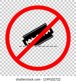 razor blade and cutting line. simple icon. Not allowed, black object in red warning sign with transparent background