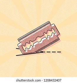 razor blade and cutting line. simple icon. Vintage retro typography with offset printing effect. Dots poster with comics pop art background
