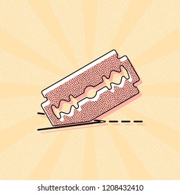 razor blade and cutting line. simple icon. Vintage retro typography with offset printing effect. Dots poster with comics pop art background