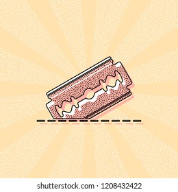 razor blade and cutting line. simple icon. Vintage retro typography with offset printing effect. Dots poster with comics pop art background