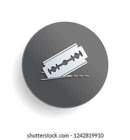 razor blade and cutting line. simple icon. White paper symbol on gray round button or badge with shadow