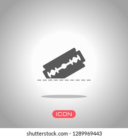 razor blade and cutting line. simple single icon. Icon under spotlight. Gray background