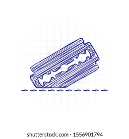 razor blade and cutting line. simple single icon. Hand drawn sketched picture with scribble fill. Blue ink. Doodle on white background