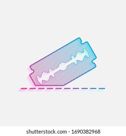 cuchilla de afeitar y línea de corte. simple icono único. Logo coloreado con líneas diagonales y degradado azul-rojo. Gráfico neón, efecto ligero