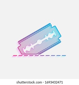 cuchilla de afeitar y línea de corte. icono simple. Logo coloreado con líneas diagonales y degradado azul-rojo. Gráfico neón, efecto ligero